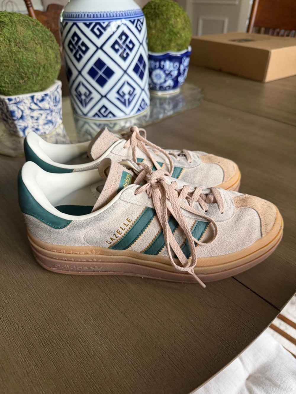Adidas Gazelle Suede Sneakers in Beige with Green Stripes Gum Sole UK 7